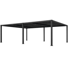 Volně stojící hliníková pergola s nastavitelnou lamelovou střechou a šesti sloupy.