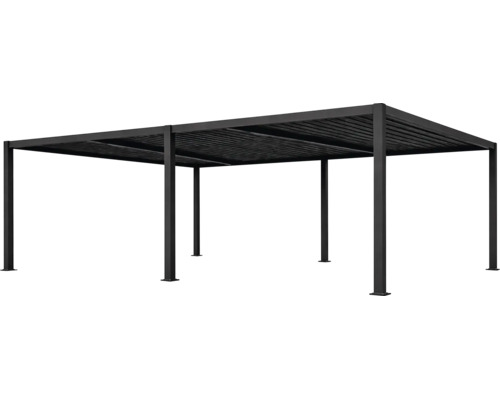 Volně stojící hliníková pergola s nastavitelnou lamelovou střechou a šesti sloupy.