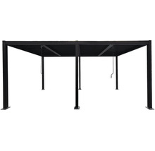 Volně stojící pergola s nastavitelnou lamelovou střechou z kovu a dvěma klikami pro ruční ovládání.