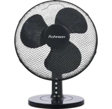 Černý stolní ventilátor Rohnson se třemi lopatkami, ochrannou mřížkou a kulatou základnou.