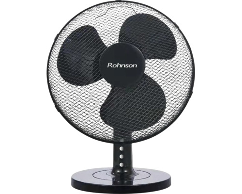 Černý stolní ventilátor Rohnson se třemi lopatkami, ochrannou mřížkou a kulatou základnou.