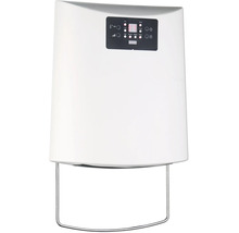 Nástěnný koupelnový horkovzdušný ventilátor v bílé barvě s držákem na ručníky a digitálním displejem pro regulaci teploty.