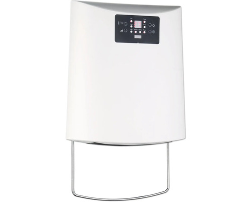 Nástěnný koupelnový horkovzdušný ventilátor v bílé barvě s držákem na ručníky a digitálním displejem pro regulaci teploty.