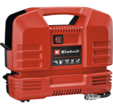 Přenosný kompresor Einhell, maximální tlak 8 bar, výkon 1,1 kilowatt, bezolejový, integrované držadlo a přípojka pro hadici.