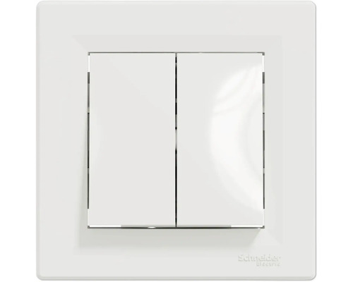 Bílý čtvercový dvojitý vypínač Schneider Electric s Schneider Electric Logo.