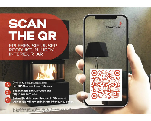 Smartphone s QR kódem pro rozšířenou realitu krbu. Návod na trojrozměrné zobrazení v interiéru. Thermia Logo.
