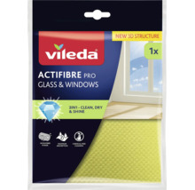 Vileda Logo. Utěrka z mikrovlákna Vileda Actifibre Pro na sklo a okna. Čištění 3 v 1 bez chemikálií s vysokou savostí. Nová 3D struktura.