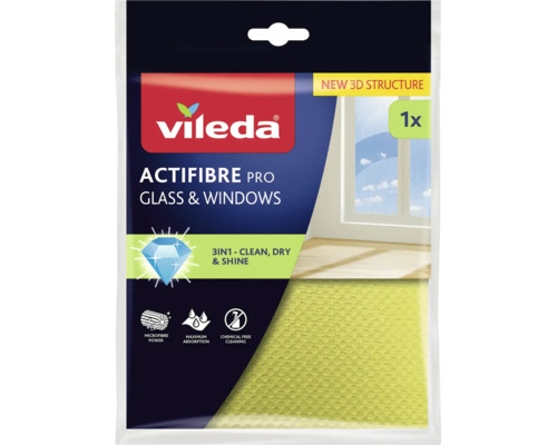 Vileda Logo. Utěrka z mikrovlákna Vileda Actifibre Pro na sklo a okna. Čištění 3 v 1 bez chemikálií s vysokou savostí. Nová 3D struktura.
