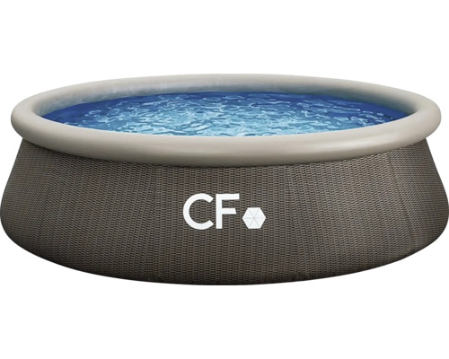Kruhový nadzemní bazén s ratanovým vzhledem, nafukovacím prstencem a CF Logo.