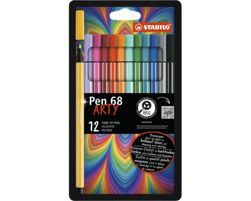 Fixy Stabilo Pen 68 ARTY, sada 12 kusů pro kreslení a vybarvování. 96 procent bioplastu. Stabilo Logo.