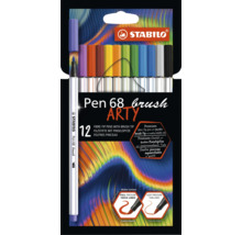 STABILO Pen 68 brush ARTY, sada 12 prémiových fixů s flexibilním štětcovým hrotem pro silné i tenké linky, vodou ředitelný inkoust.