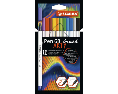STABILO Pen 68 brush ARTY, sada 12 prémiových fixů s flexibilním štětcovým hrotem pro silné i tenké linky, vodou ředitelný inkoust.