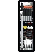 Sada STABILO Creative Tips ARTY s 5 různými hroty, včetně linerů od 0,2 mm do 1 mm a štětcového hrotu.