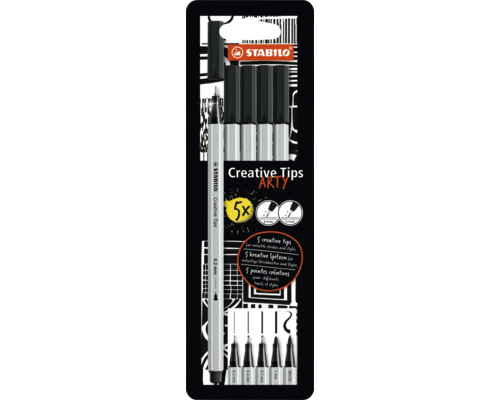 Sada STABILO Creative Tips ARTY s 5 různými hroty, včetně linerů od 0,2 mm do 1 mm a štětcového hrotu.