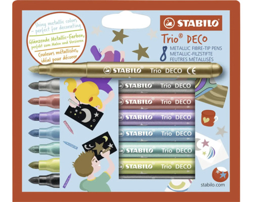 Metalické fixy STABILO Trio DECO, sada 8 kusů, lesklé barvy pro zdobení a kreslení.