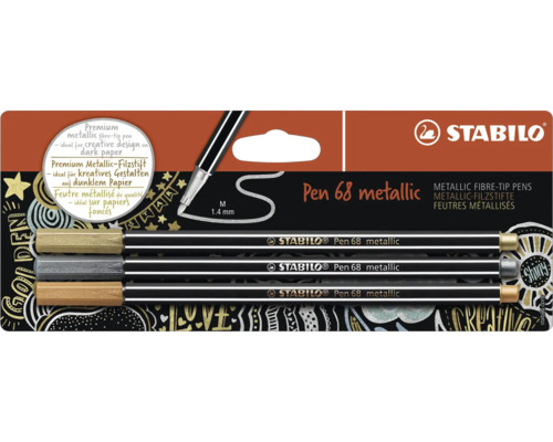 Metalické fixy Stabilo Pen 68, balení 3 kusy, střední hrot circa 1,4 milimetru, ideální pro kreativní tvorbu na tmavém papíru.