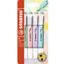 Zvýrazňovače Stabilo swing cool Pastel, 4 kusy. Štíhlá pera s klipem, hrot 1 a 4 milimetry, ochrana proti vysychání 4 hodiny. Logo Stabilo.