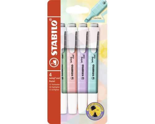 Zvýrazňovače Stabilo swing cool Pastel, 4 kusy. Štíhlá pera s klipem, hrot 1 a 4 milimetry, ochrana proti vysychání 4 hodiny. Logo Stabilo.