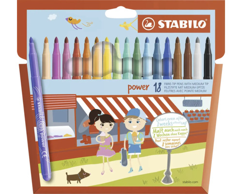 Fixy Stabilo Power sada 18 kusů se středním hrotem, ochrana proti vysychání až 8 týdnů bez víčka, Stabilo Logo