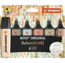 Zvýrazňovače Stabilo Boss Original NatureColors v balení po šesti kusech s technologií proti vysychání pro kreativní značení v přírodních tónech.