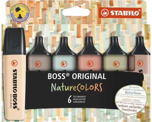 Zvýrazňovače Stabilo Boss Original NatureColors v balení po šesti kusech s technologií proti vysychání pro kreativní značení v přírodních tónech.