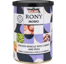 Konzerva pro psy Falco Rony Mono, kuřecí svalovina s mrkví a hráškem. Falco Logo.