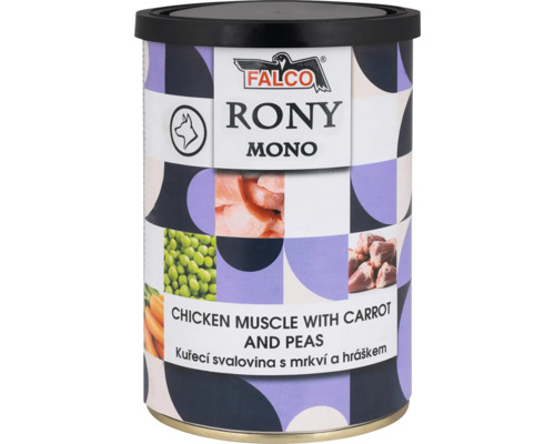 Konzerva pro psy Falco Rony Mono, kuřecí svalovina s mrkví a hráškem. Falco Logo.