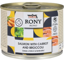 Konzerva pro psy Falco Rony Mono Losos s mrkví a brokolicí, Falco Logo, krmivo s 90 procenty svaloviny a recepturou od veterináře.