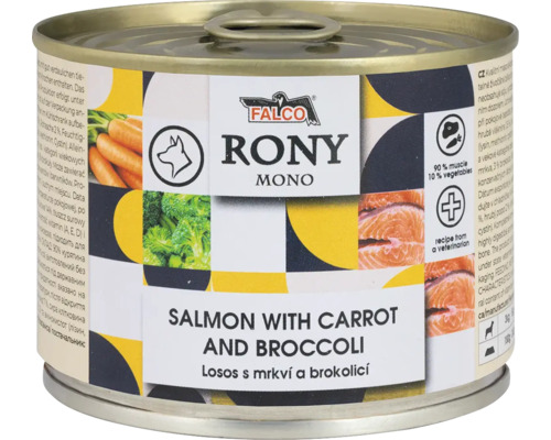 Konzerva pro psy Falco Rony Mono Losos s mrkví a brokolicí, Falco Logo, krmivo s 90 procenty svaloviny a recepturou od veterináře.