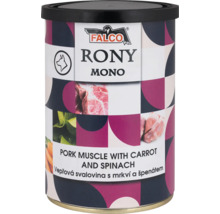 Konzerva pro psy Falco Rony Mono, vepřová svalovina s mrkví a špenátem.