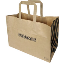 Hnědá papírová nákupní taška s Hornbach Logo, černými pruhy, plochými uchy a certifikací pro udržitelné lesní hospodářství.