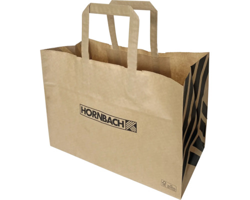 Hnědá papírová nákupní taška s Hornbach Logo, černými pruhy, plochými uchy a certifikací pro udržitelné lesní hospodářství.