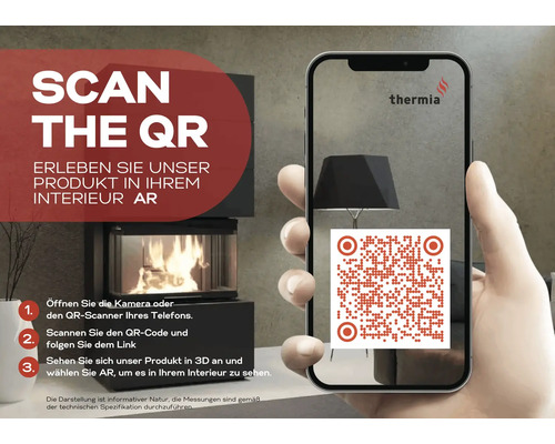 Ruka držící chytrý telefon při skenování QR kódu pro vizualizaci krbu Thermia pomocí rozšířené reality. Thermia Logo.