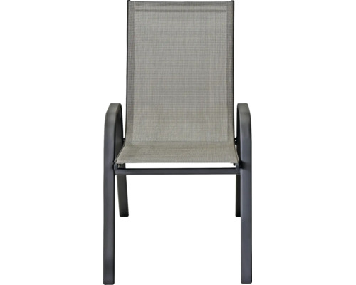 Stohovatelná zahradní židle s kovovým rámem a textilním potahem pro venkovní použití.