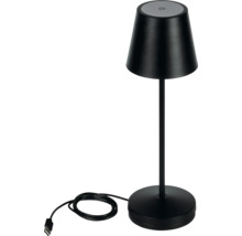 Černá stolní LED lampa s akumulátorem, kuželovým stínidlem, nabíjecím kabelem USB a dotykovým spínačem na horní straně.