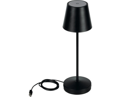 Černá stolní LED lampa s akumulátorem, kuželovým stínidlem, nabíjecím kabelem USB a dotykovým spínačem na horní straně.