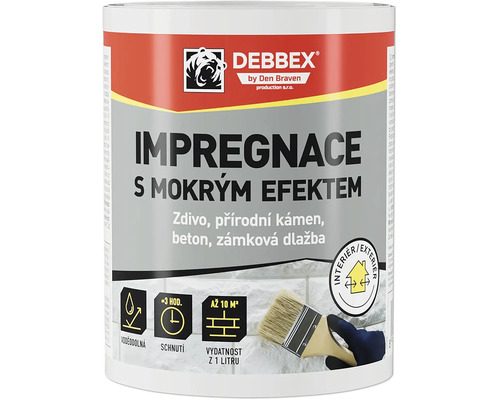 DEBBEX Impregnace s mokrým efektem pro zdivo, přírodní kámen, beton a zámkovou dlažbu. Interiér i exteriér. Voděodolná, doba schnutí tři hodiny.