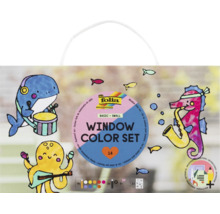 Sada barev na sklo Folia Window Color Set Basic Small 14 dílů s motivy mořských živočichů hrajících na hudební nástroje.