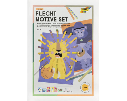 Sada proplétacích motivů Folia Safari pro děti s 225 díly ve formátu DIN A4 pro tvoření zvířat jako je lev a gorila. Folia Logo.