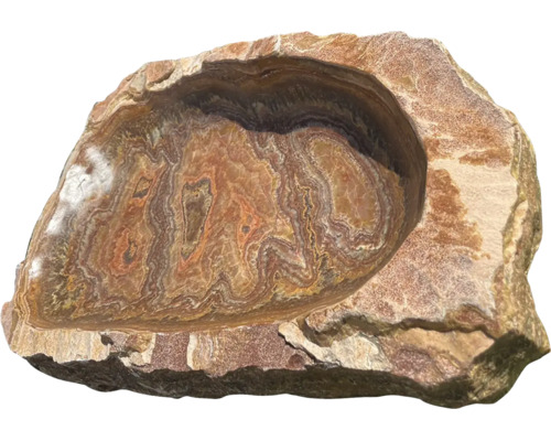 Umyvadlo na desku z přírodního kamene onyx s leštěným vnitřkem a hrubým vnějškem.