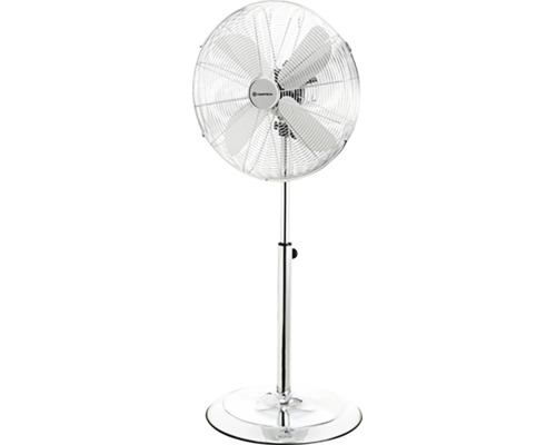 Výškově nastavitelný stojanový ventilátor z kovu s kulatou základnou a ochrannou mřížkou.