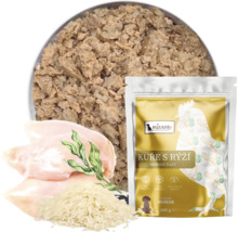 Mokré krmivo pro psy Mixano, kuře s rýží a mořskými řasami, 300 gramů v sáčku s vyobrazením surovin.