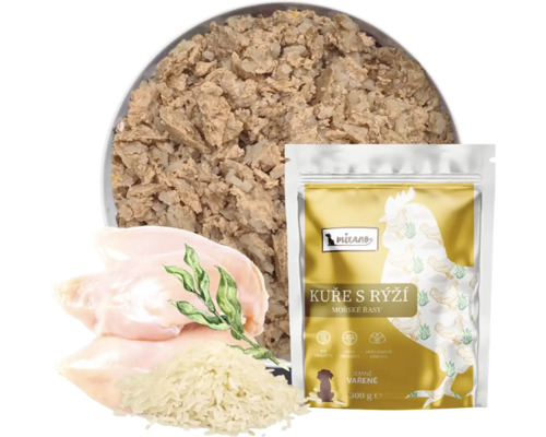 Mokré krmivo pro psy Mixano, kuře s rýží a mořskými řasami, 300 gramů v sáčku s vyobrazením surovin.