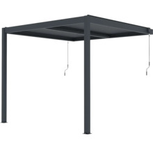 Tmavě šedá hliníková pergola s nastavitelnou lamelovou střechou a ručními klikami.