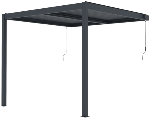 Tmavě šedá hliníková pergola s nastavitelnou lamelovou střechou a ručními klikami.