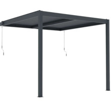 Hliníková pergola v antracitové barvě s lamelovou střechou a ručními klikami.