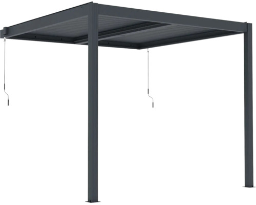 Hliníková pergola v antracitové barvě s lamelovou střechou a ručními klikami.
