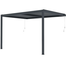 Tmavě šedá kovová pergola s nastavitelnou lamelovou střechou a dvěma ručními klikami.