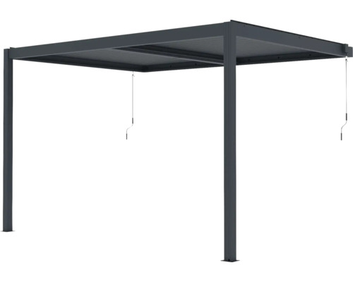 Tmavě šedá kovová pergola s nastavitelnou lamelovou střechou a dvěma ručními klikami.