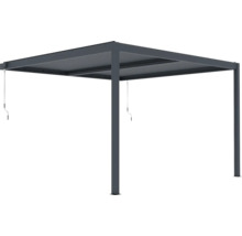 Antracitová hliníková pergola s lamelovou střechou a ruční klikou.